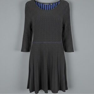 Nina Leonard Black Pleated Sweater Knit Fit & Flare Dress Blue Dot Detail Size M